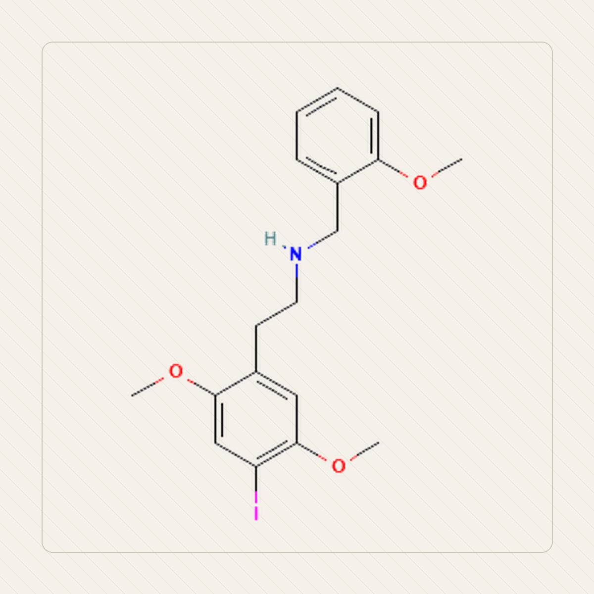 25I-NBOMe 2C-I-NBOMe, illustration pédagogique de la structure moléculaire